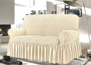 Copridivano Elasticizzato Arricciato Con Volants Tinta Unita Mod Luxory Panna - 2 Posti - Panna