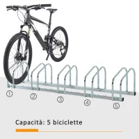 Rastrelliera Portabiciclette Parcheggio per 5 Biciclette in Acciaio, 145×33×27 cm, Argento