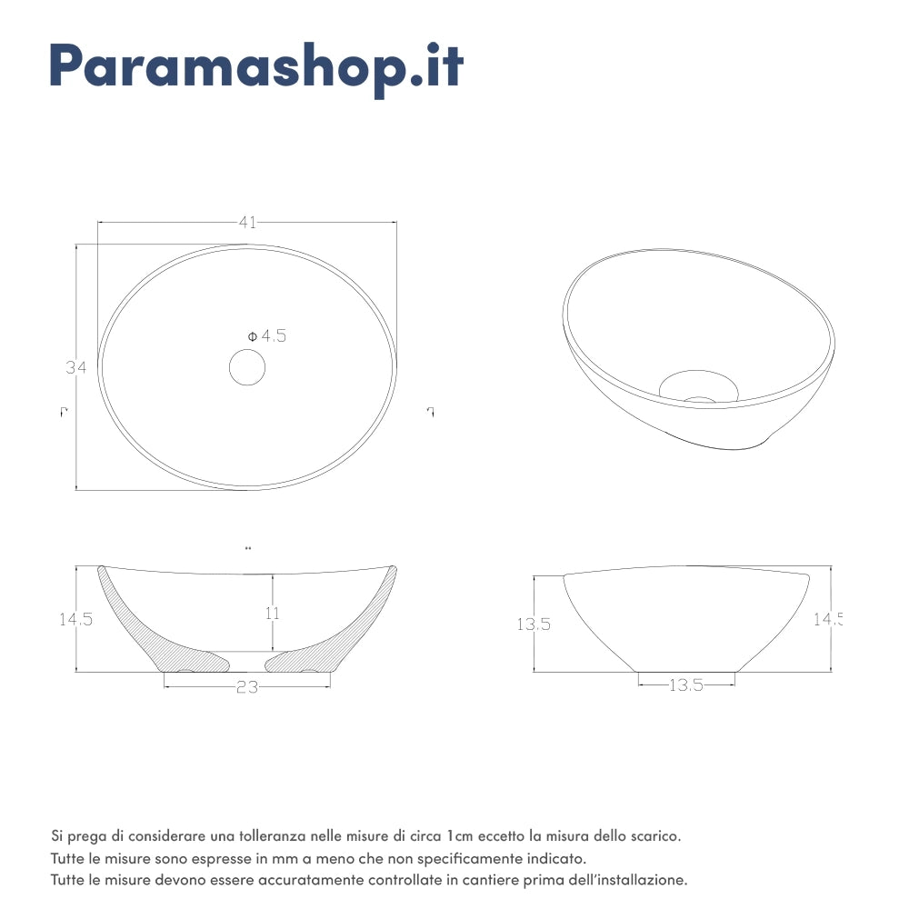 Lavabo da appoggio ovale in ceramica 41x34x14,5 cm Bianco