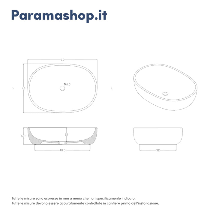Lavabo da appoggio ovale 60x43x14,5cm tortora