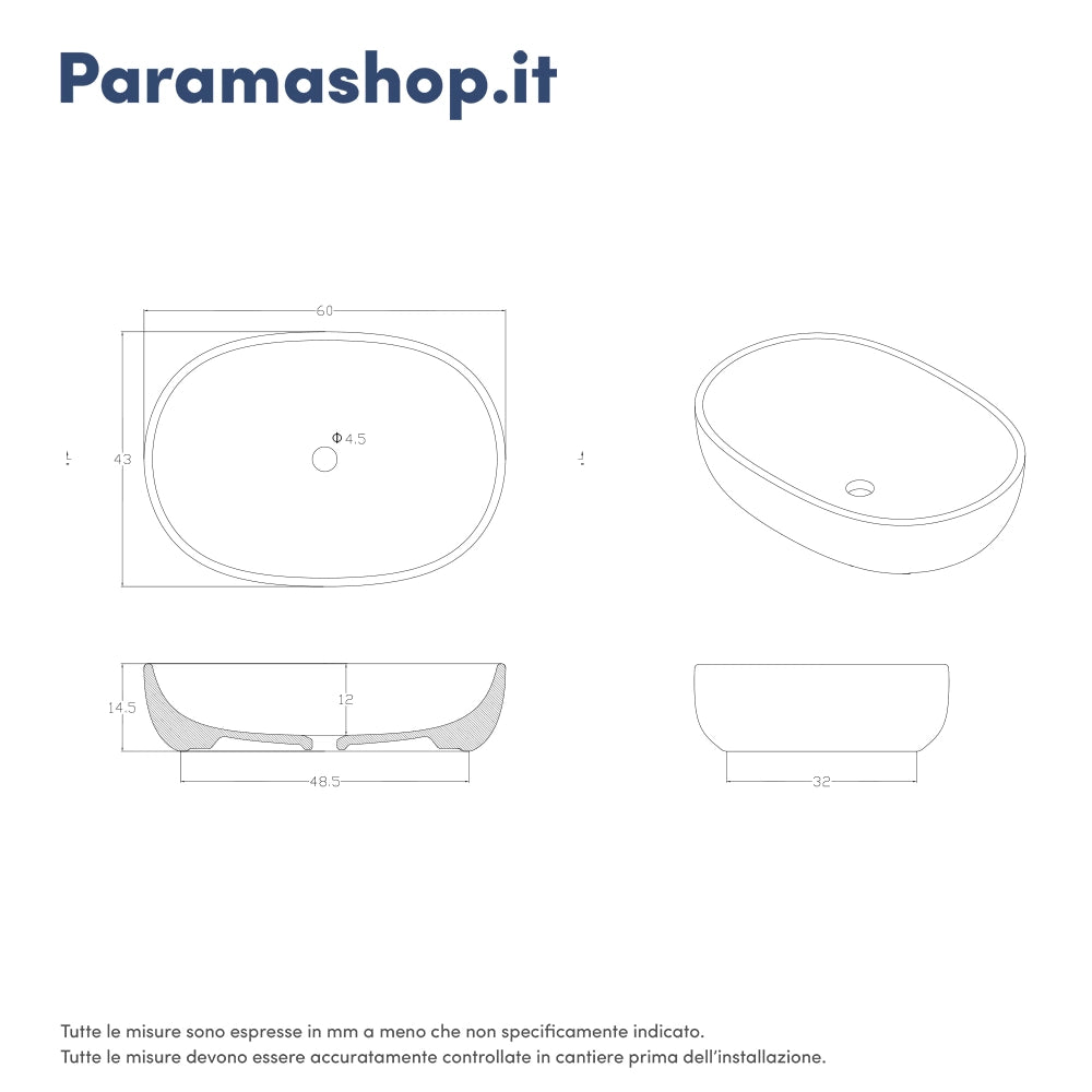 Lavabo da appoggio ovale 60x43x14,5cm in Bianco Lucido