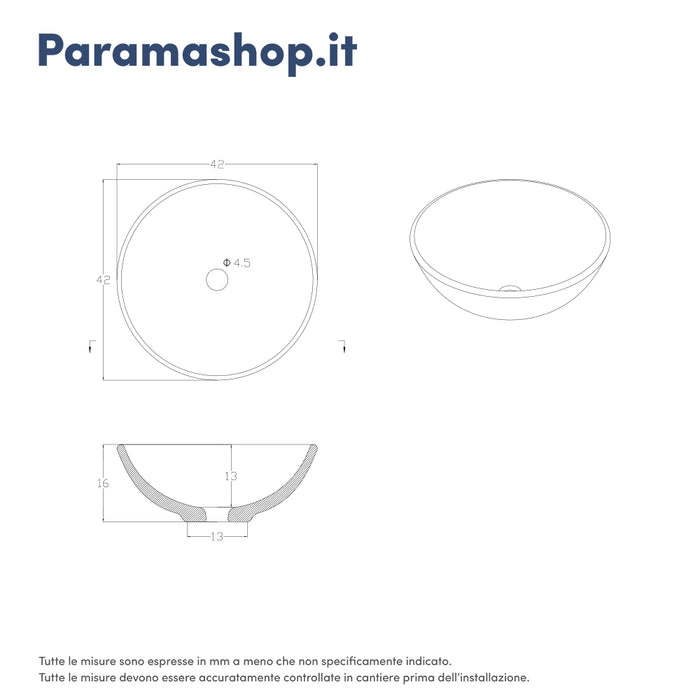 Lavabo da appoggio tondo 41x41x16 cm Bianco