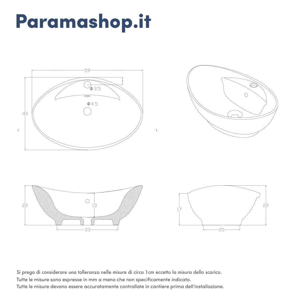 Lavabo da appoggio ovale con troppopieno 59x40x22 cm Bianco