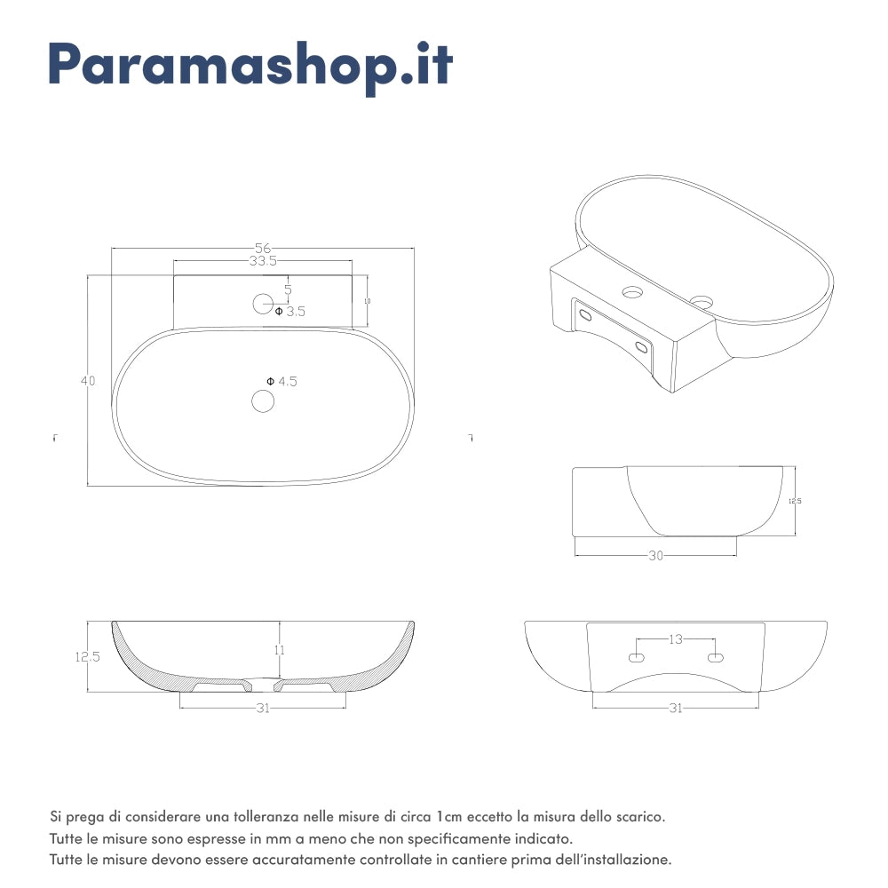 Lavabo da appoggio ovale 56x39x12,5 cm Bianco