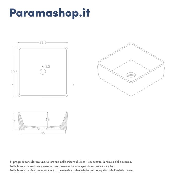 Lavabo da appoggio quadrato 39,5x39,5x14 cm Bianco