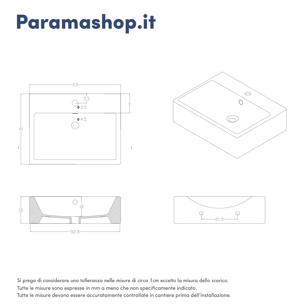 Lavabo da appoggio rettangolare con troppopieno 53x41x15 cm Bianco
