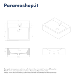 Lavabo da appoggio rettangolare con troppopieno 53x41x15 cm Bianco