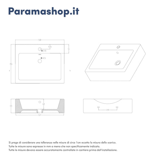 Lavabo da appoggio rettangolare con troppopieno 56x45x15 cm Bianco