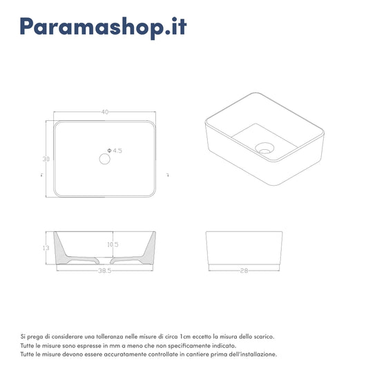 Lavabo da appoggio rettangolare 40x30x13 cm Bianco