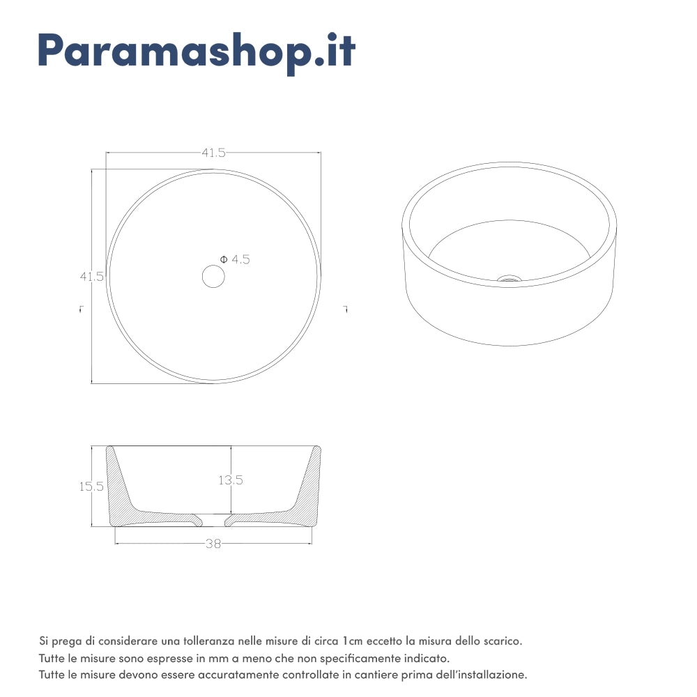 Lavabo da appoggio tondo in ceramica 41,5x41,5x15,5cm bianco lucido