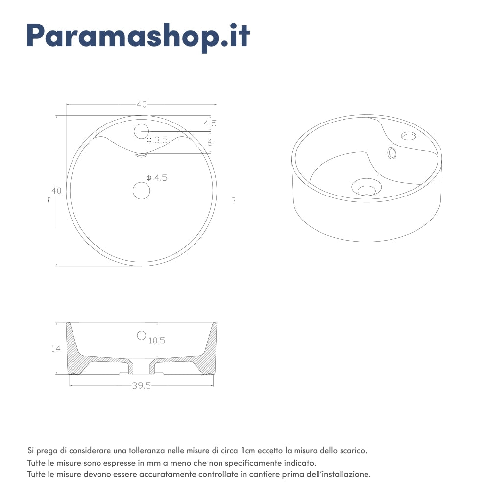 Lavabo da appoggio tondo con troppopieno 40x40x14 cm Bianco