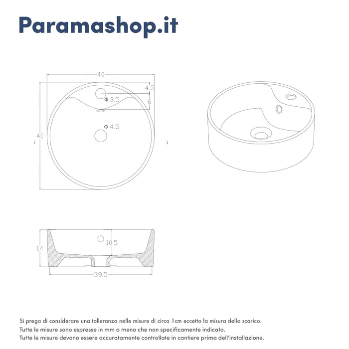 Lavabo da appoggio tondo con troppopieno 40x40x14 cm Bianco