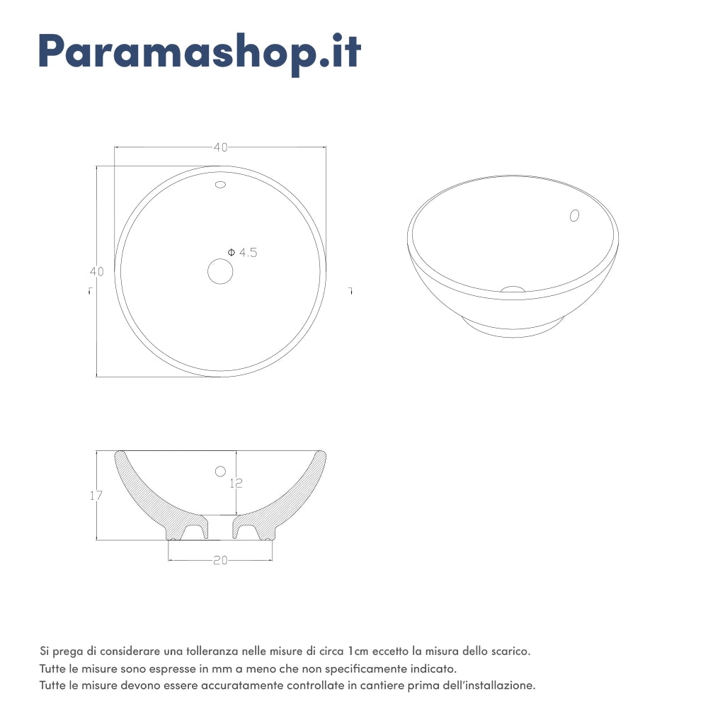 Lavabo da appoggio tondo con troppopieno 40x40x17 cm Bianco