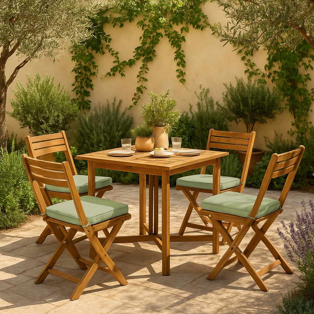 Set tavolo e 4 sedie da esterno in legno richiudibile 110x90 cm Vittoria