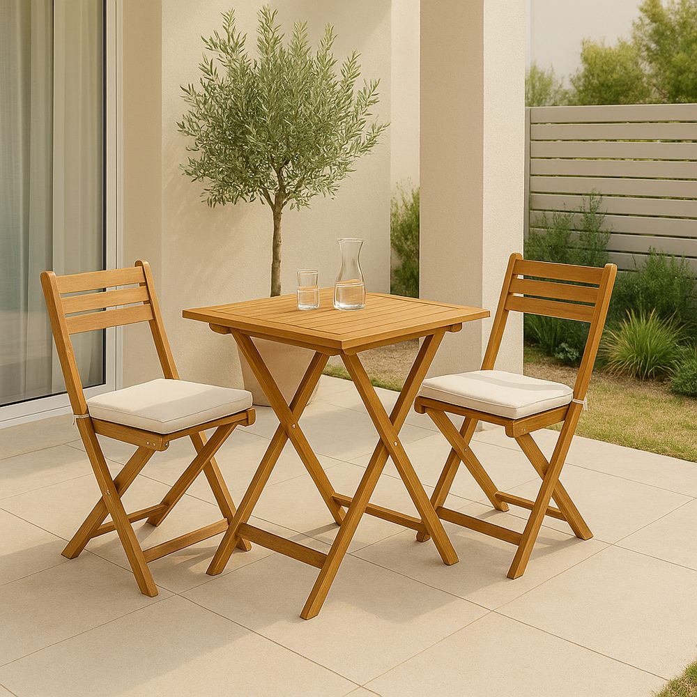 Set tavolino e sedie da giardino pieghevoli in legno con cuscini Genova