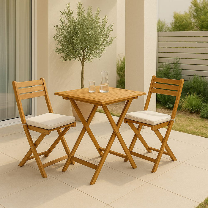 Set tavolino e sedie da giardino pieghevoli in legno con cuscini Genova