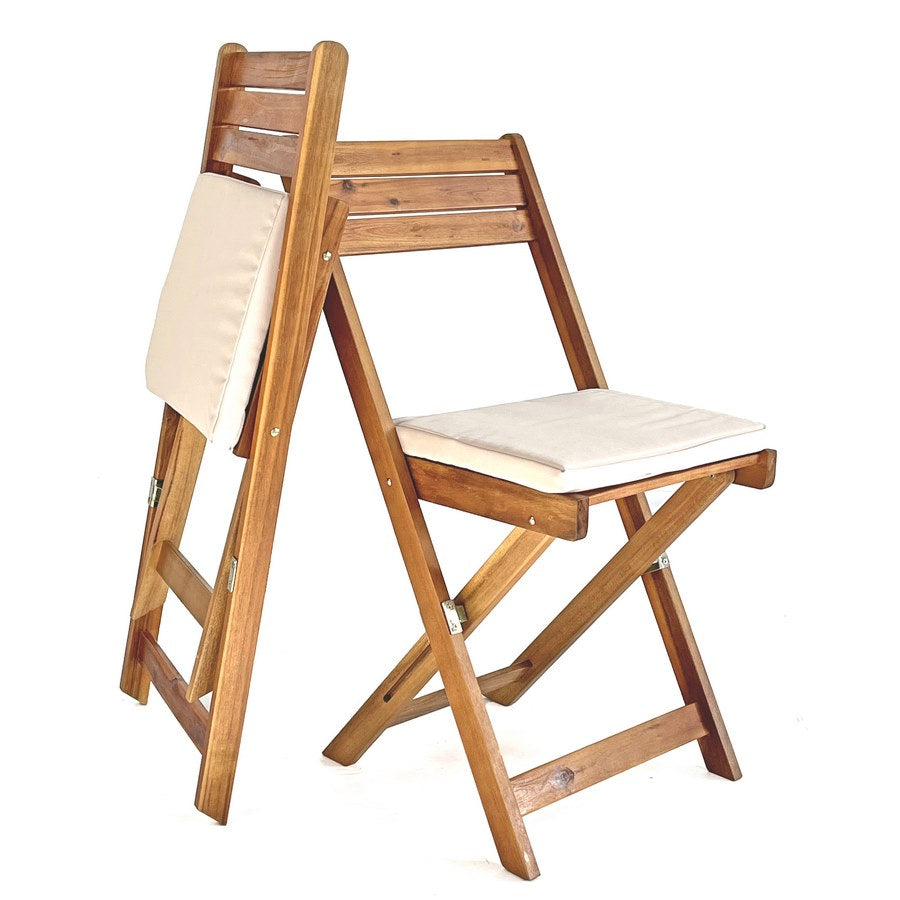 Set tavolino e sedie da giardino pieghevoli in legno con cuscini Genova