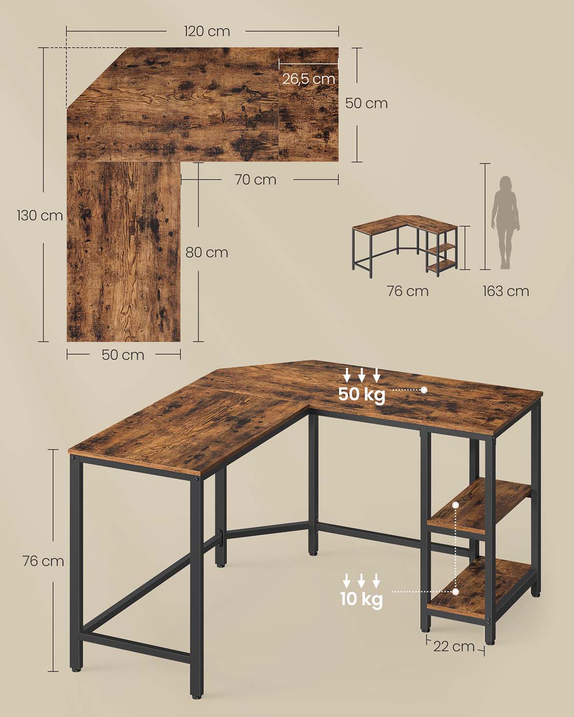 Scrivania per computer tavolo angolare postazione di lavoro con ripiano portaoggetti tavolo per computer per casa e ufficio facile da montare 138 x 138 x 75 cm marrone rustico 12_0004654