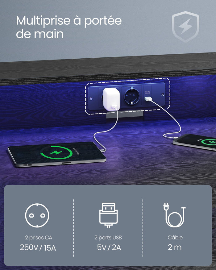 Scrivania da gioco con LED e multipresa tavolo da gioco scrivania per computer con alzata per schermo per 2 computer per camera da letto nera 12_0004634