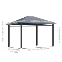 Gazebo da Giardino 3.6x3m con Tetto in Policarbonato Anti UV e Tende, Grigio