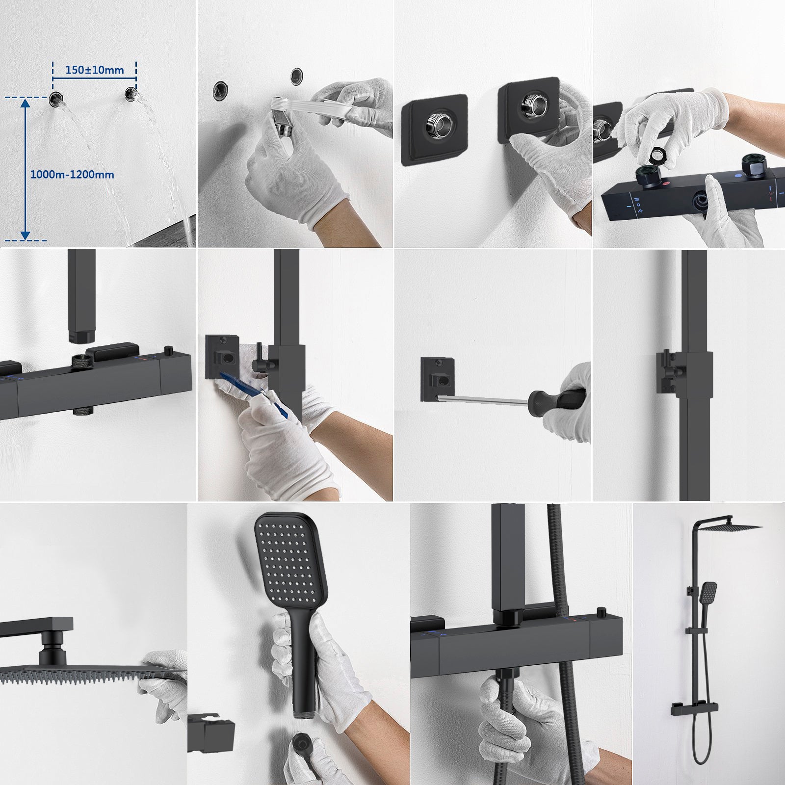 AICAIT Colonna doccia quadrata con soffione quadrato 25x25cm in acciaio inox nero, sistema doccia a 38℃ antiscottature