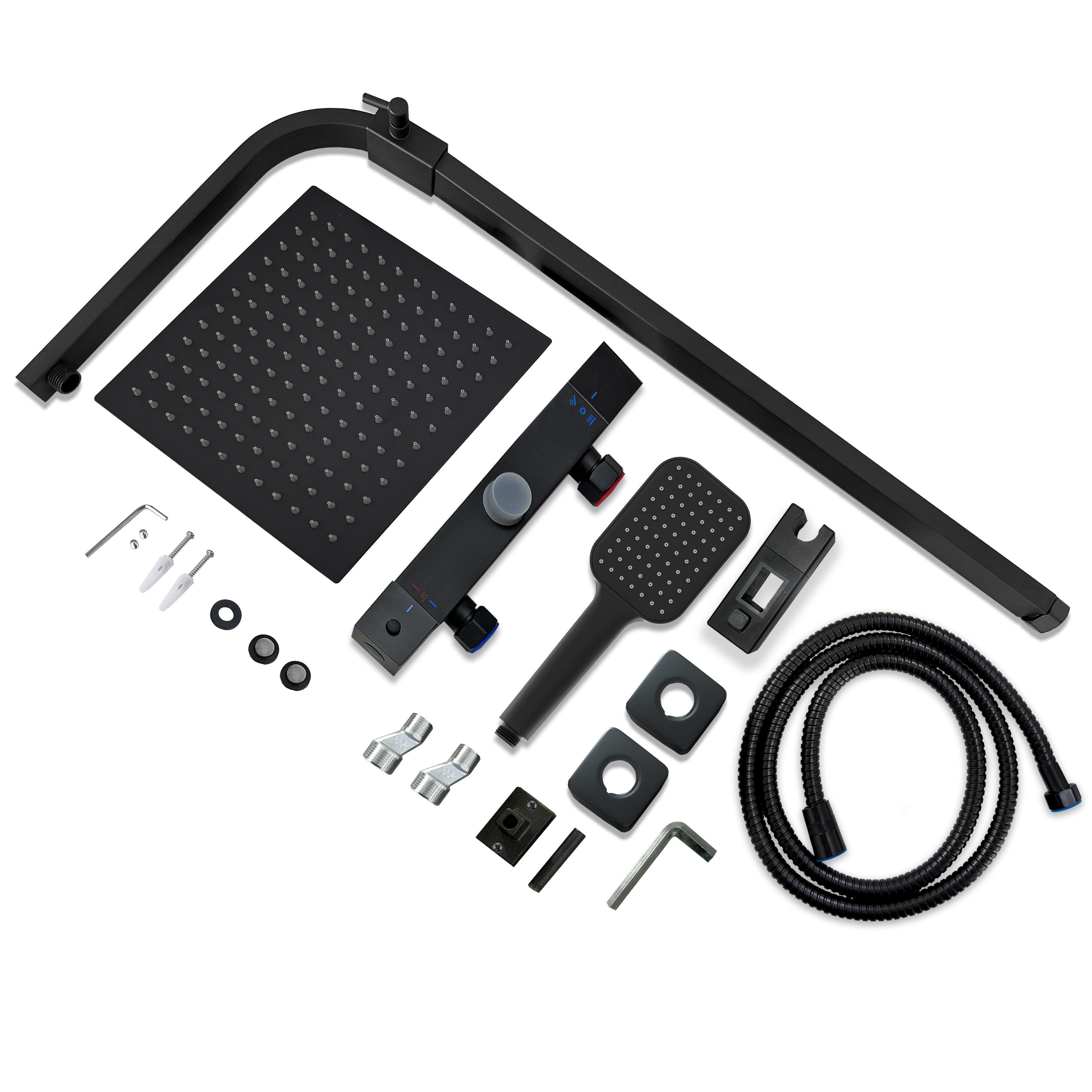 AICAIT Colonna doccia quadrata con soffione quadrato 25x25cm in acciaio inox nero, sistema doccia a 38℃ antiscottature