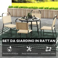 Set da Giardino con Tavolo in Vetro Effetto Marmo e 4 Sedie in Rattan, Colore Cachi
