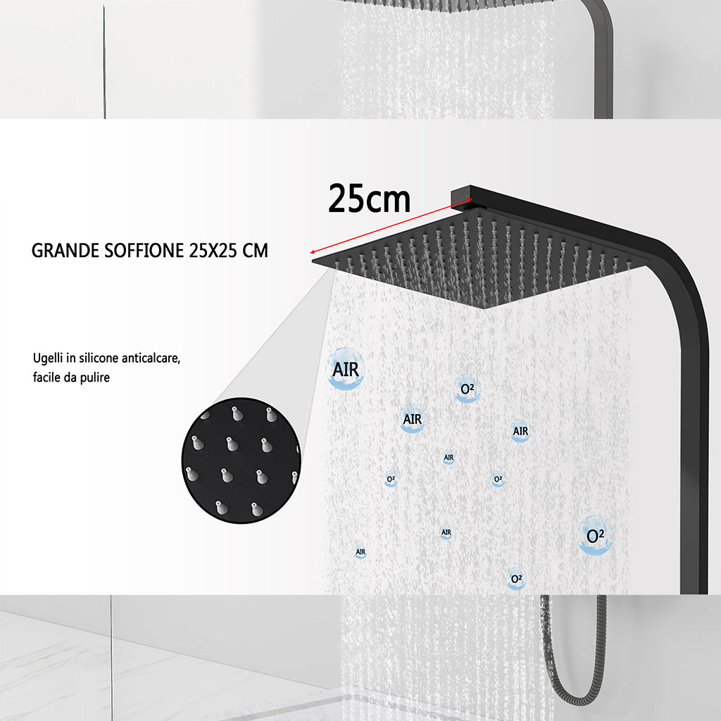 AICAIT Colonna doccia quadrata con soffione quadrato 25x25cm in acciaio inox nero, sistema doccia a 38℃ antiscottature