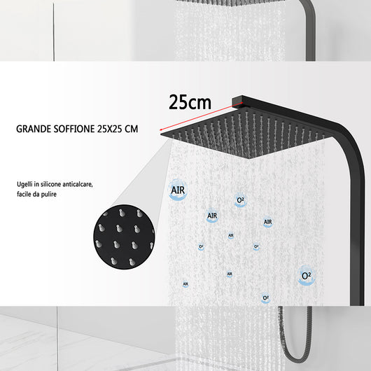 AICAIT Colonna doccia quadrata con soffione quadrato 25x25cm in acciaio inox nero, sistema doccia a 38℃ antiscottature