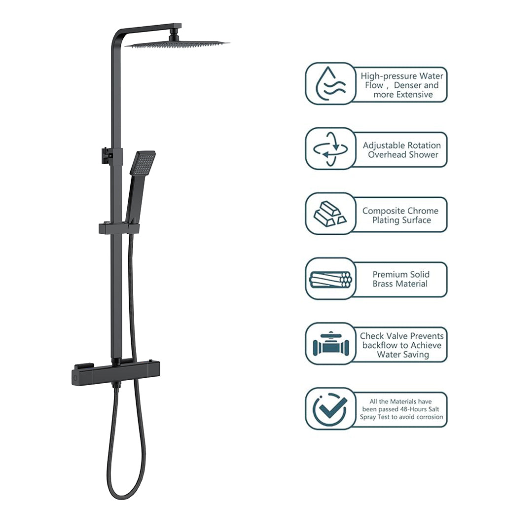 AICAIT Colonna doccia quadrata con soffione quadrato 25x25cm in acciaio inox nero, sistema doccia a 38℃ antiscottature