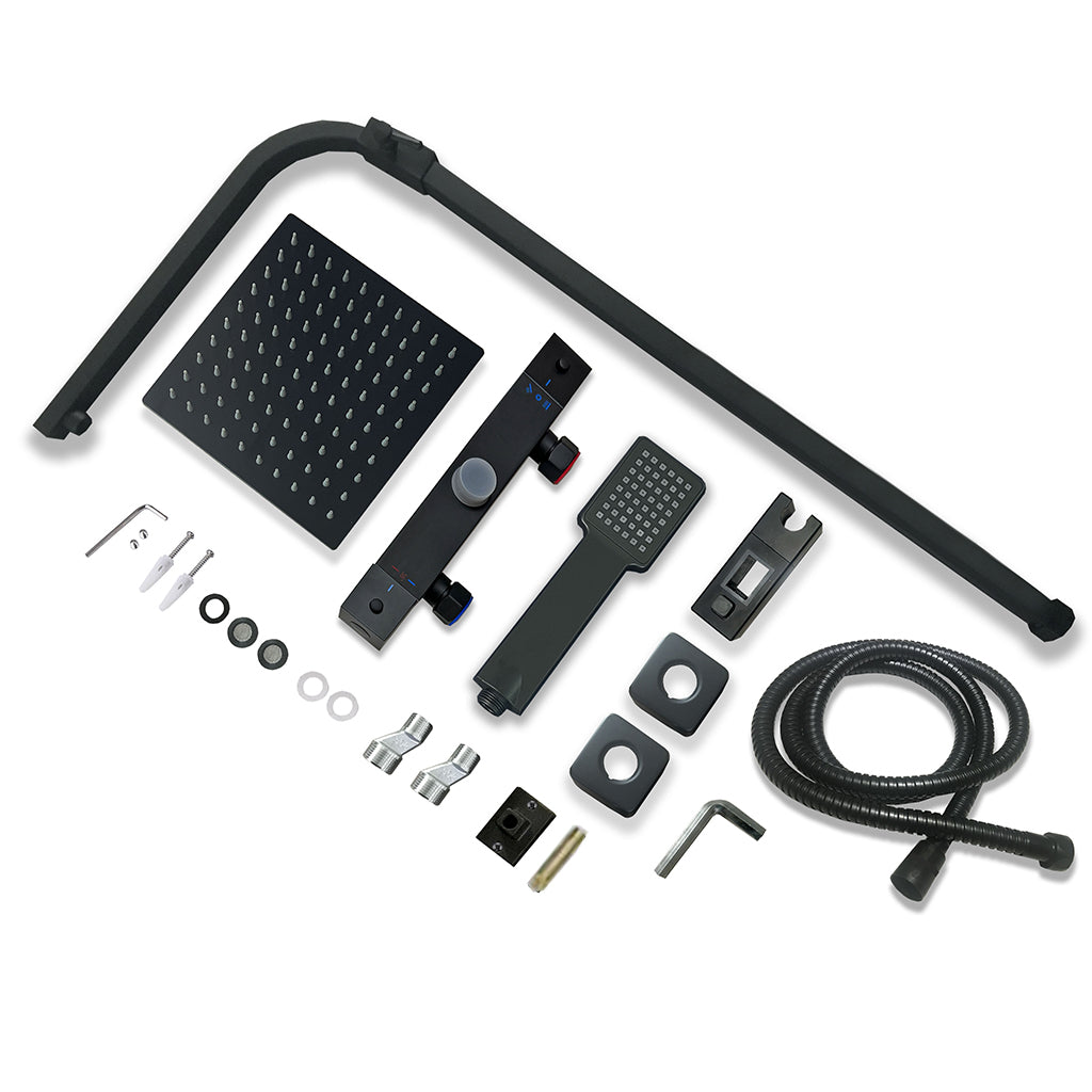 AICA Colonna doccia con miscelatore termostatico, rubinetto doccia rettangolare 28x4cm, soffione doccia quadrato 20x20cm in acciaio inox nero