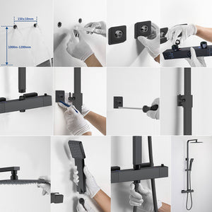 AICA Colonna doccia con miscelatore termostatico, rubinetto doccia rettangolare 28x4cm, soffione doccia quadrato 20x20cm in acciaio inox nero