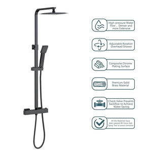 AICAIT Colonna doccia quadrata con soffione quadrato 20x20cm in acciaio inox nero, sistema doccia a 38℃ antiscottature