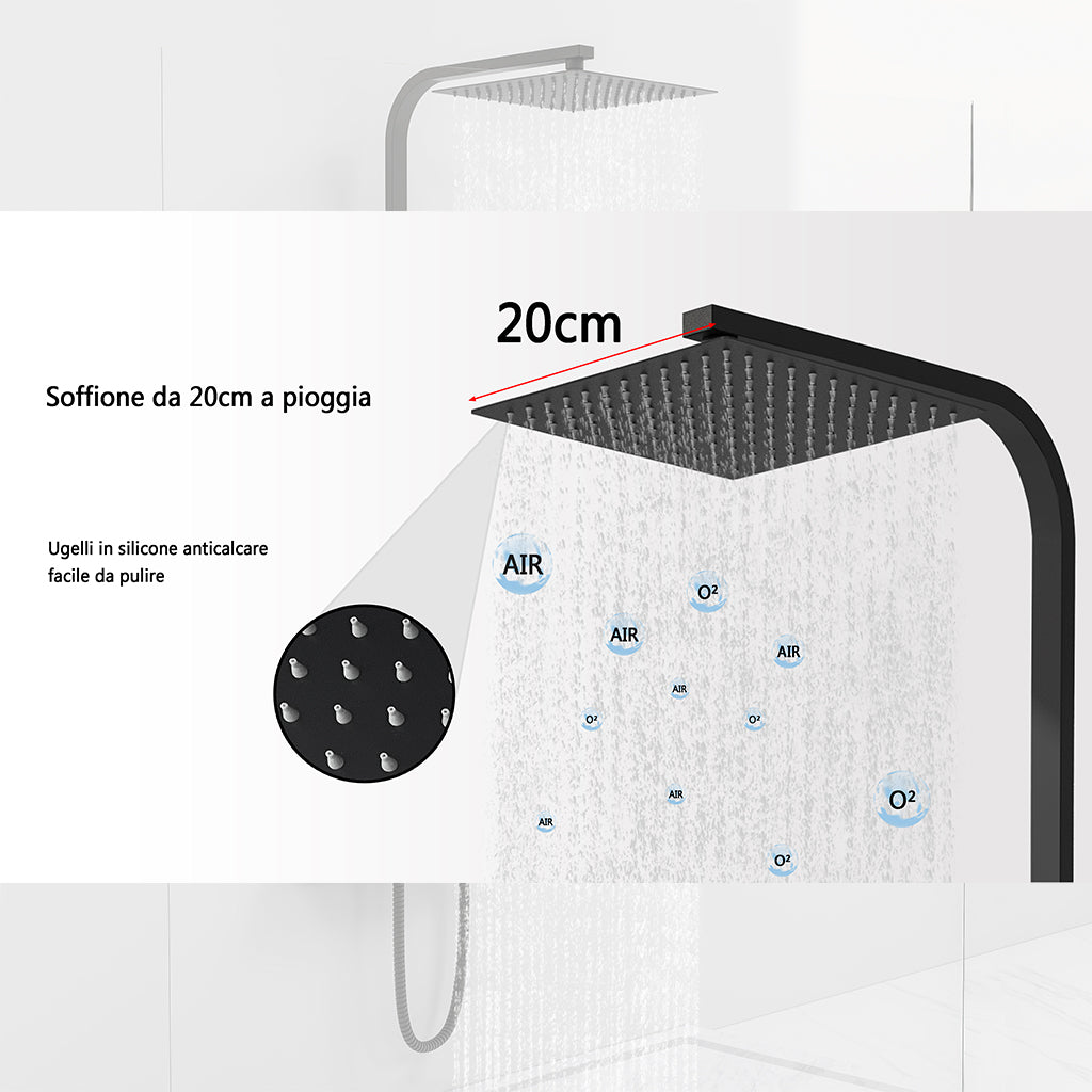 AICAIT Colonna doccia quadrata con soffione quadrato 20x20cm in acciaio inox nero, sistema doccia a 38℃ antiscottature