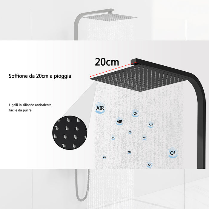 AICAIT Colonna doccia quadrata con soffione quadrato 20x20cm in acciaio inox nero, sistema doccia a 38℃ antiscottature