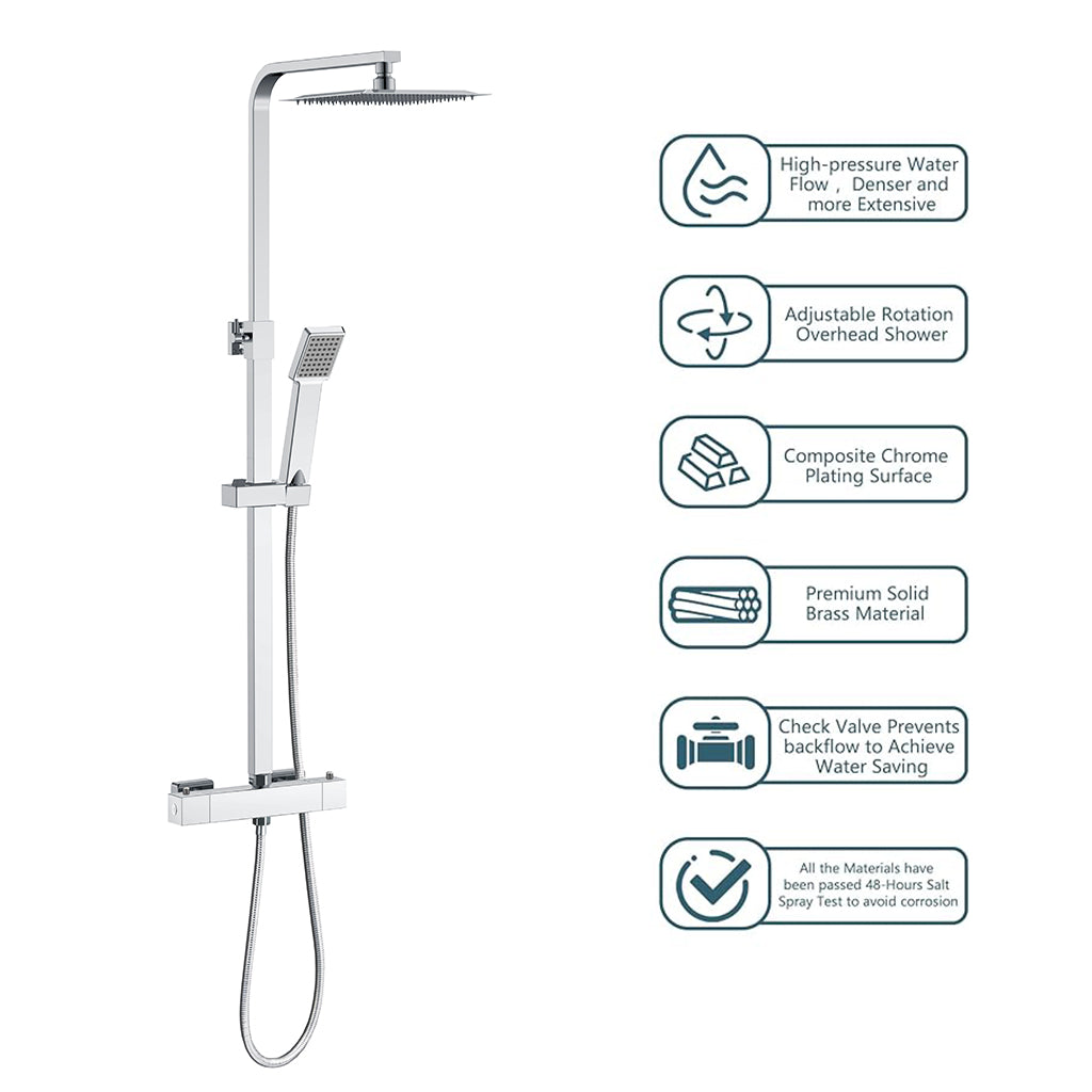 AICAIT Colonna doccia quadrata con soffione quadrato 20x20cm in acciaio inox cromato, sistema doccia a 38℃ antiscottature