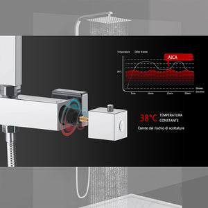 AICAIT Colonna doccia quadrata con soffione quadrato 20x20cm in acciaio inox cromato, sistema doccia a 38℃ antiscottature