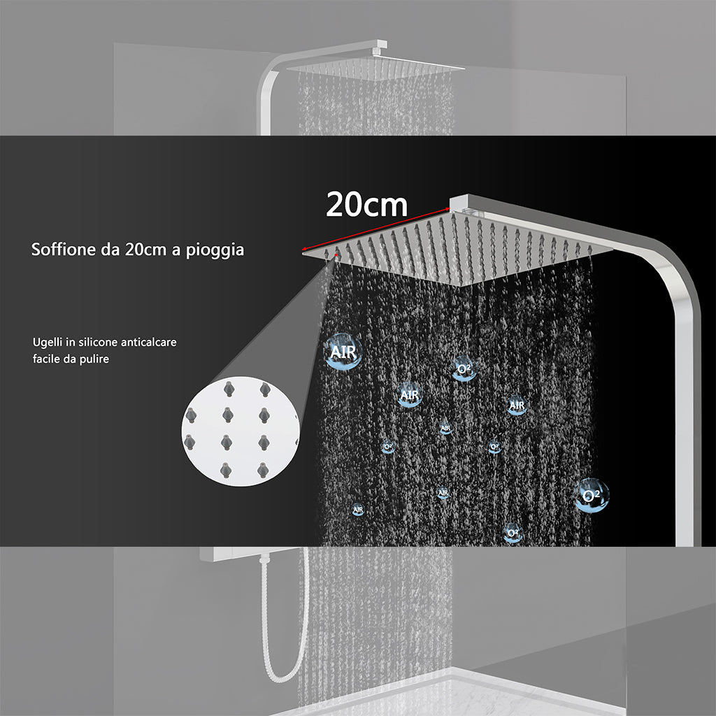 AICAIT Colonna doccia quadrata con soffione quadrato 20x20cm in acciaio inox cromato, sistema doccia a 38℃ antiscottature