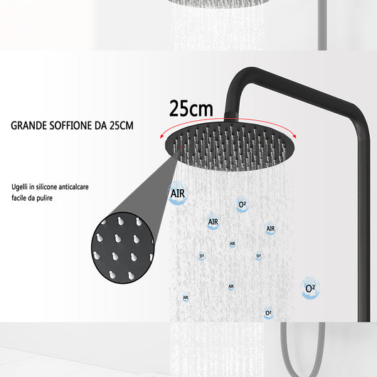 AICAIT Colonna doccia rotonda con soffione rotondo 25x25cm in acciaio inox nero, sistema doccia a 38℃ antiscottature