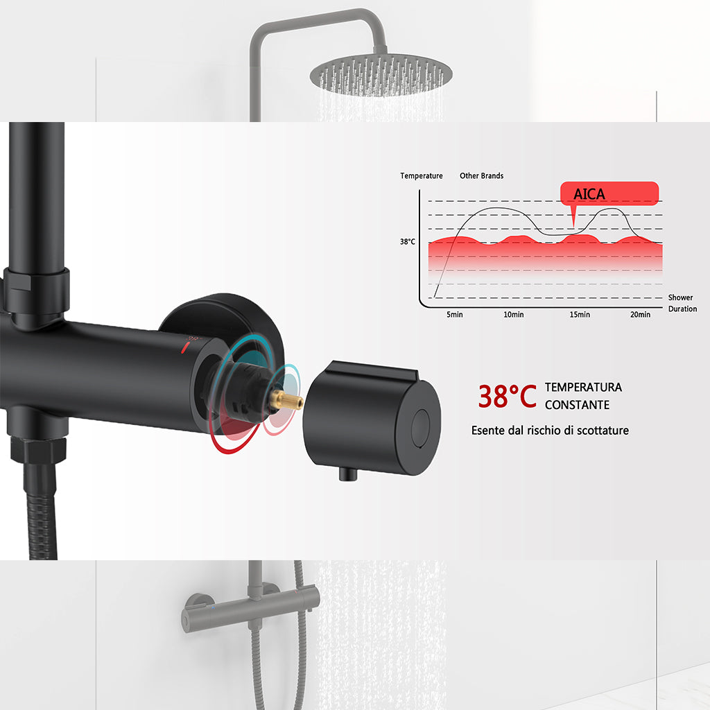 AICAIT Colonna doccia rotonda con soffione rotondo 25x25cm in acciaio inox nero, sistema doccia a 38℃ antiscottature