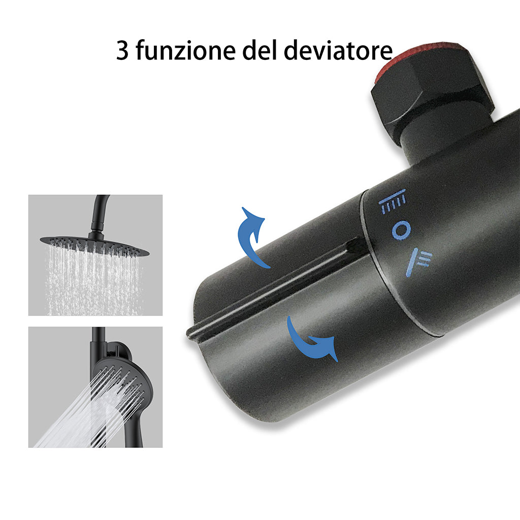 AICA Set Doccia Completo Nero con Soffione, Doccetta, Rubinetto e Saliscendi Tondi, Miscelatore Termostatico Doccia