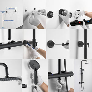 AICA Colonna doccia con miscelatore termostatico, rubinetto doccia cilindro 28x4cm, soffione doccia rotondo 20x20cm in acciaio inox nero