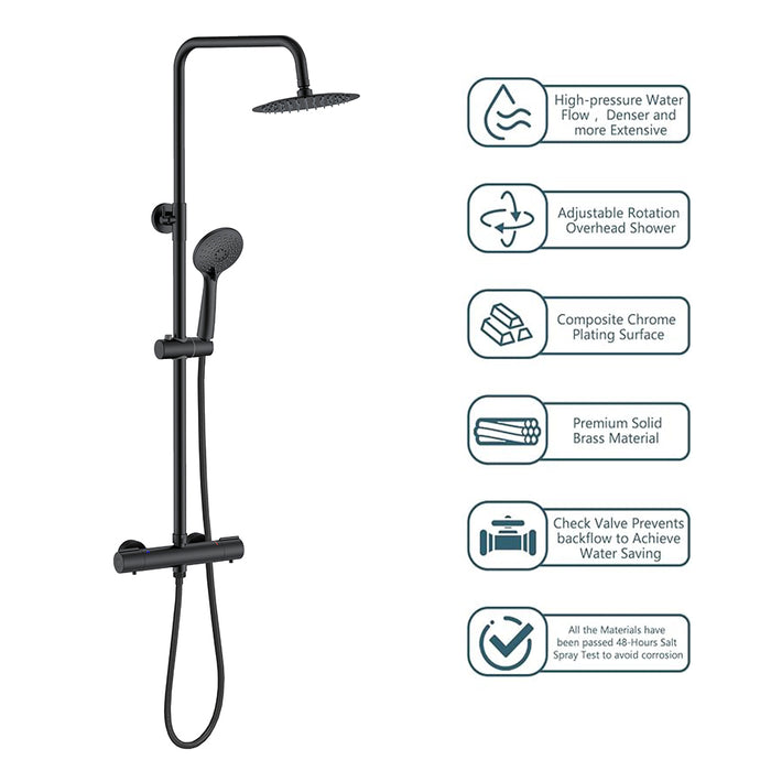 AICAIT Colonna doccia rotonda con soffione rotondo 20x20cm in acciaio inox nero, sistema doccia a 38℃ antiscottature