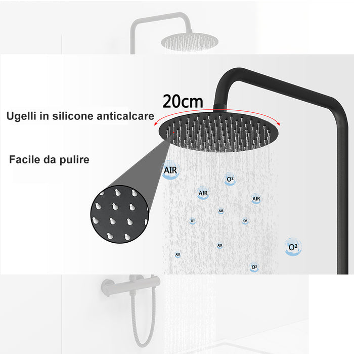 AICAIT Colonna doccia rotonda con soffione rotondo 20x20cm in acciaio inox nero, sistema doccia a 38℃ antiscottature