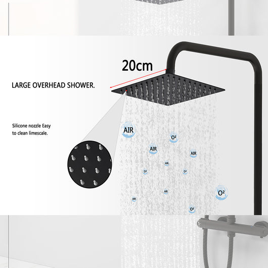 AICAIT Colonna doccia rotonda con soffione quadrato 20x20cm in acciaio inox nero, sistema doccia a 38℃ antiscottature