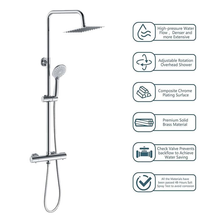 AICAIT Colonna doccia rotonda con soffione quadrato 20x20cm in acciaio inox cromato, sistema doccia a 38℃ antiscottature