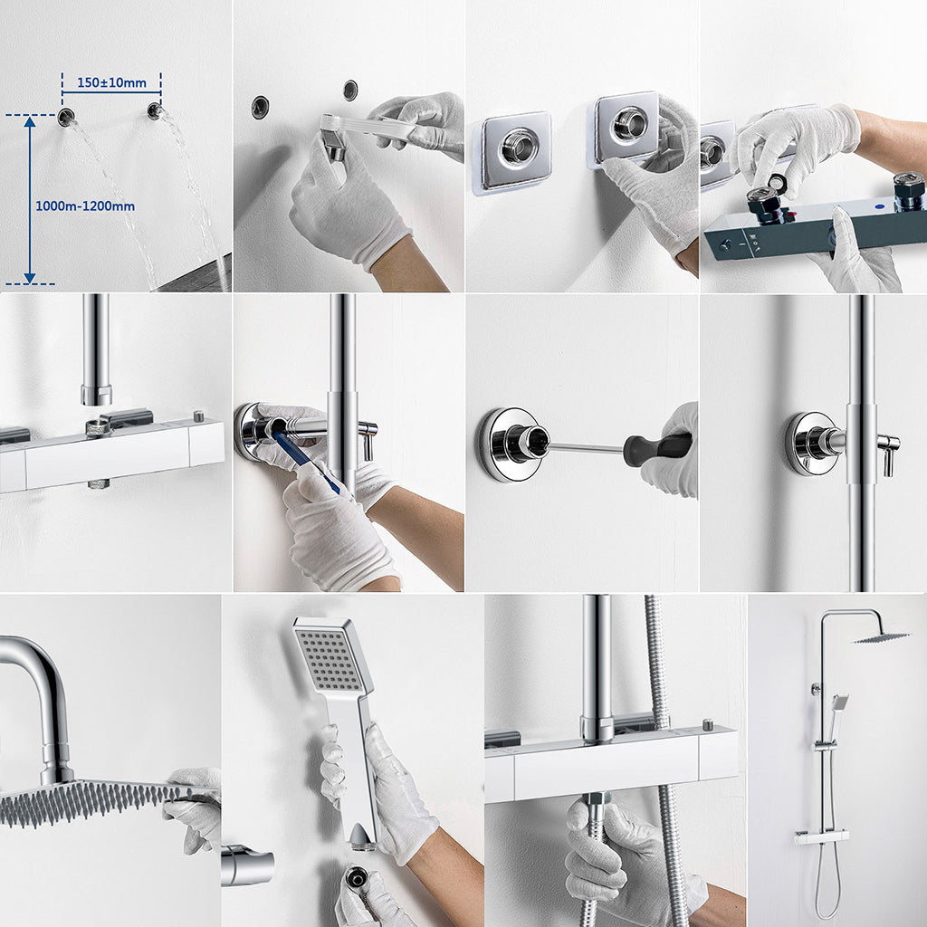 Colonna doccia multifunzioni, set doccia completo di soffione, doccetta e miscelatore termostatico regolabile, cromato