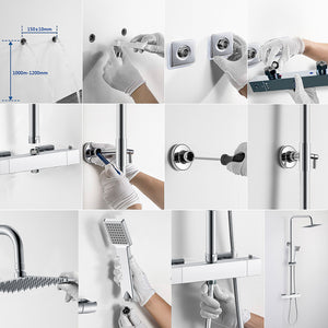 Colonna doccia multifunzioni, set doccia completo di soffione, doccetta e miscelatore termostatico regolabile, cromato