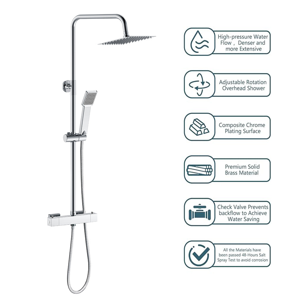 AICAIT Colonna doccia rotonda cromata con rubinetto termostatico rettangolare, sistema doccia a 38℃ antiscottature