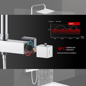 AICAIT Colonna doccia rotonda cromata con rubinetto termostatico rettangolare, sistema doccia a 38℃ antiscottature